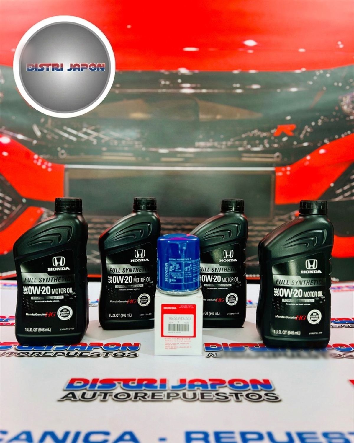 Aceite Honda Genuine 0W-20 y filtro original en el mostrador de Distrijapón